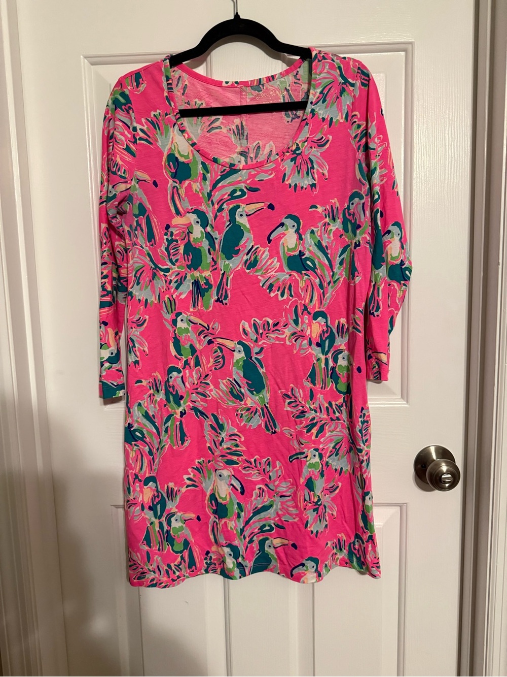 Lilly Pulitzer Beacon T-Shirt Dress Toucan Can Print Pink Pima Cotton Medium